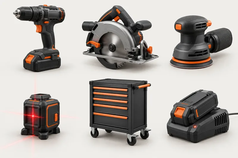 Six outils sans marque : perceuse-visseuse, scie circulaire, ponceuse, niveau laser, servante d’atelier et batterie sur son chargeur