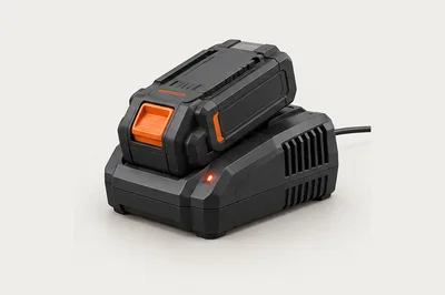 Une batterie d’outil 18 V sur son chargeur